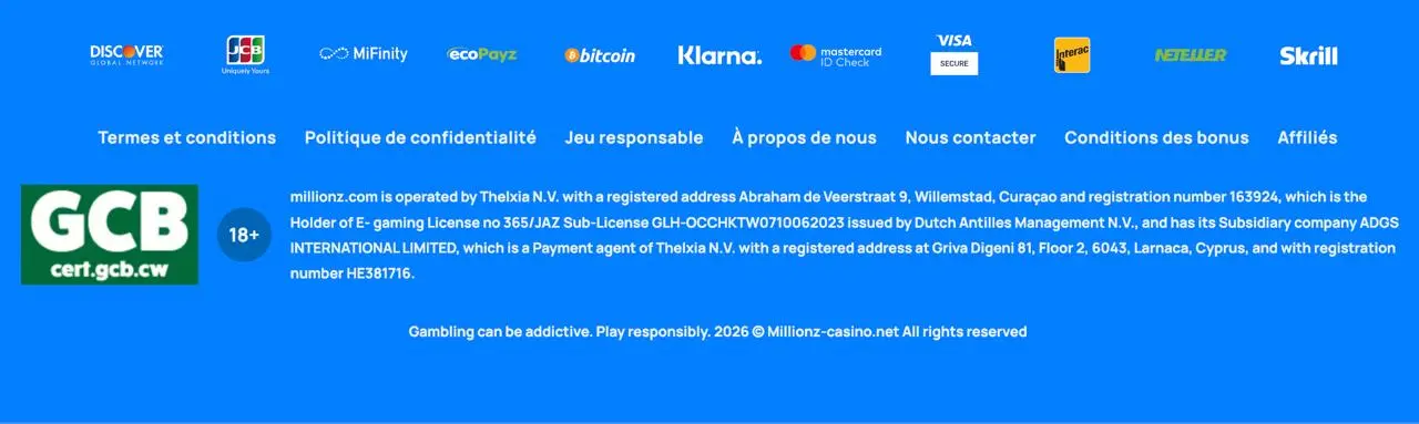 Partenaires de paiement Millionz Casino